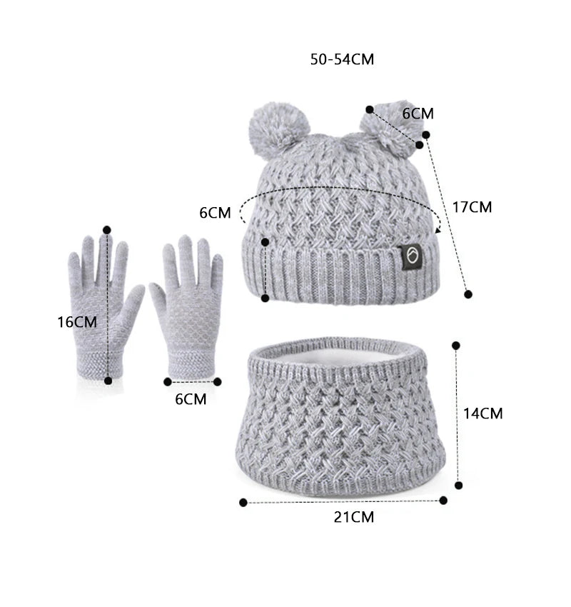 Winter Kids Hat Set Warm Beanie Scarf Gloves Pompom Fleece - Smarsty