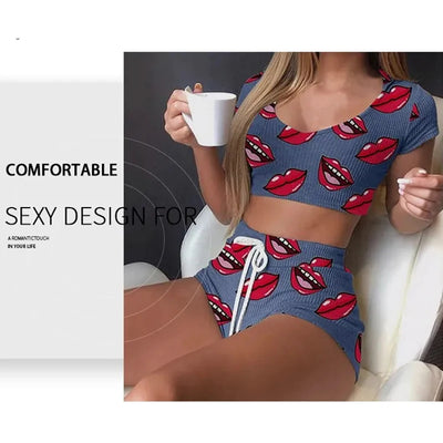 Summer Short Sexy Casual Lips Print Female Sleepwear Suit Pajamas Top+Pants Skinng Women Homewear Underwear - Smarsty