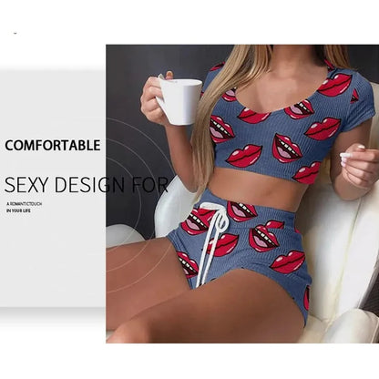Summer Short Sexy Casual Lips Print Female Sleepwear Suit Pajamas Top+Pants Skinng Women Homewear Underwear - Smarsty
