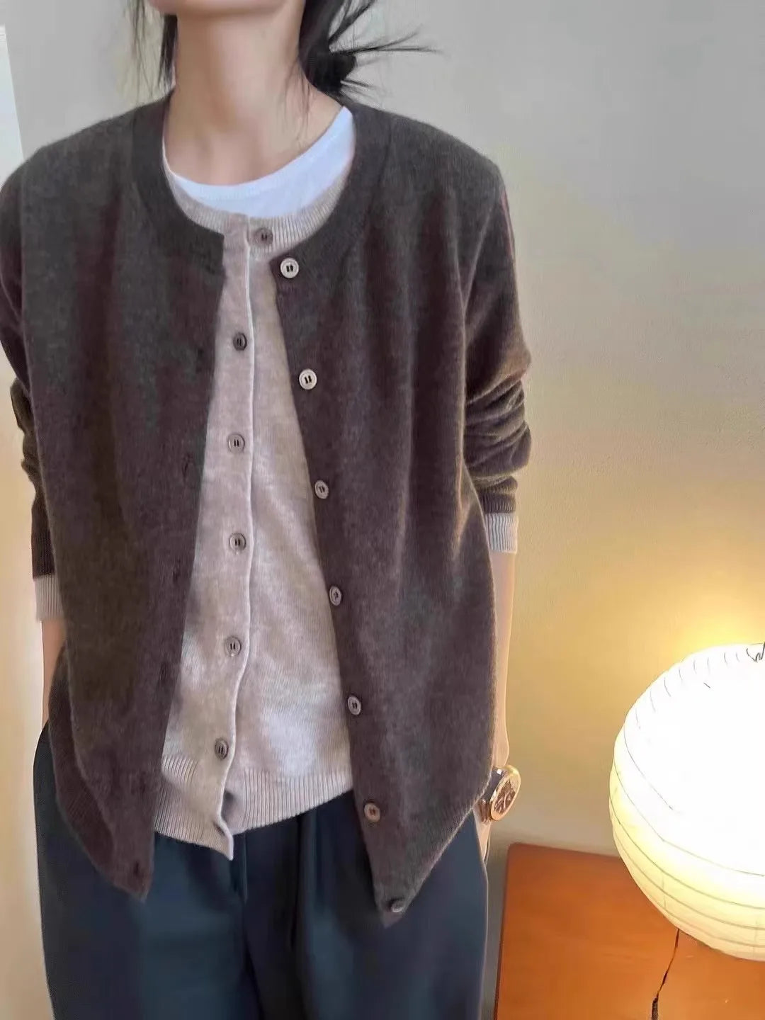 Fake two 100% pure cashmere sweater cardigan dark grey high-grade wool knit coat top - Smarsty