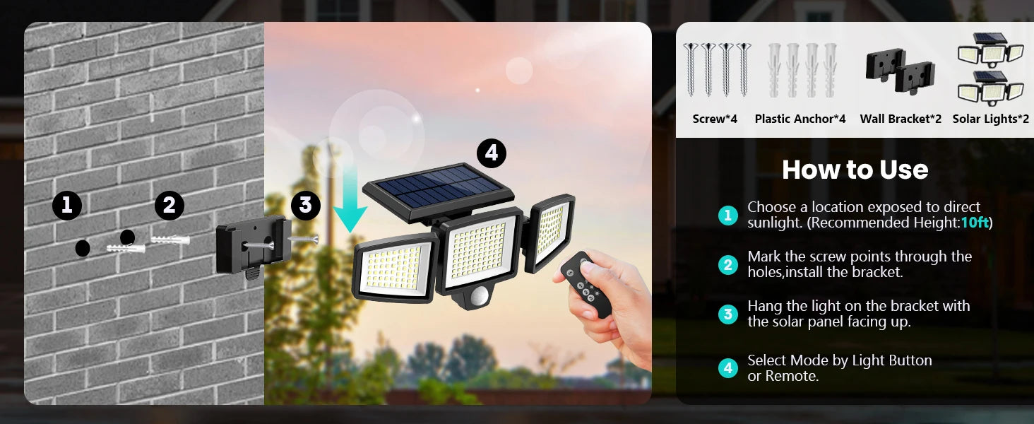 Outdoor Waterproof Solar Light with Motion Sensor 3-Head 200+ LEDs Security Light for Porches Garages Yard Entrances