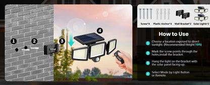 Outdoor Waterproof Solar Light with Motion Sensor 3-Head 200+ LEDs Security Light for Porches Garages Yard Entrances