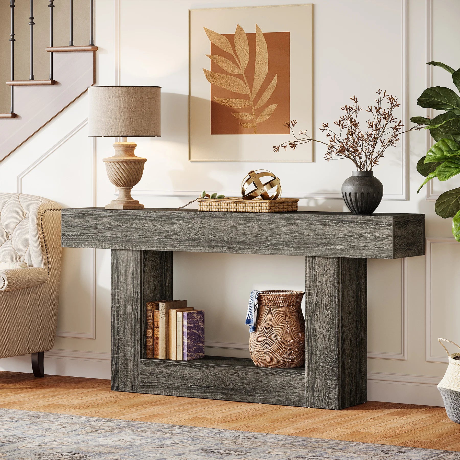 Tribesigns 63" Console Table, Farmhouse 2-Tier Entryway Table with U-Shaped Base, Narrow Long Wood Sofa Table Behind Couch Table