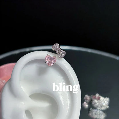 Stainless Steel Heart Bowknot Zircon Stud Earrings Cute - Smarsty
