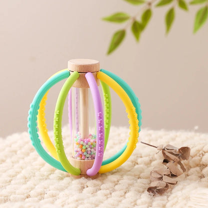 Baby Rattle Toy Wooden Rain Drum With Silicone Baby Sensory Touch Toy Newborn Dental Care Gum Anti-eating Hand Molar Stick Gif