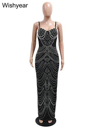New Luxury Sparkly Crystal Rhinestone Pearl Celebrities Gown Brown Dress Woman Strap Evening Party Birthday Prom Wedding Vestido - Smarsty
