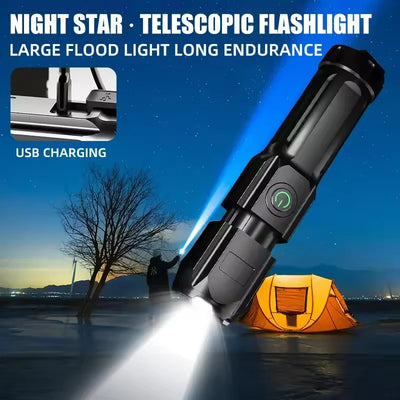 LED Camping Torch Flashlight High Power Rechargeable USB Spotlight Zoom Lantern Built-in Battery For Fishing Outdoor Waterproof - Smarsty
