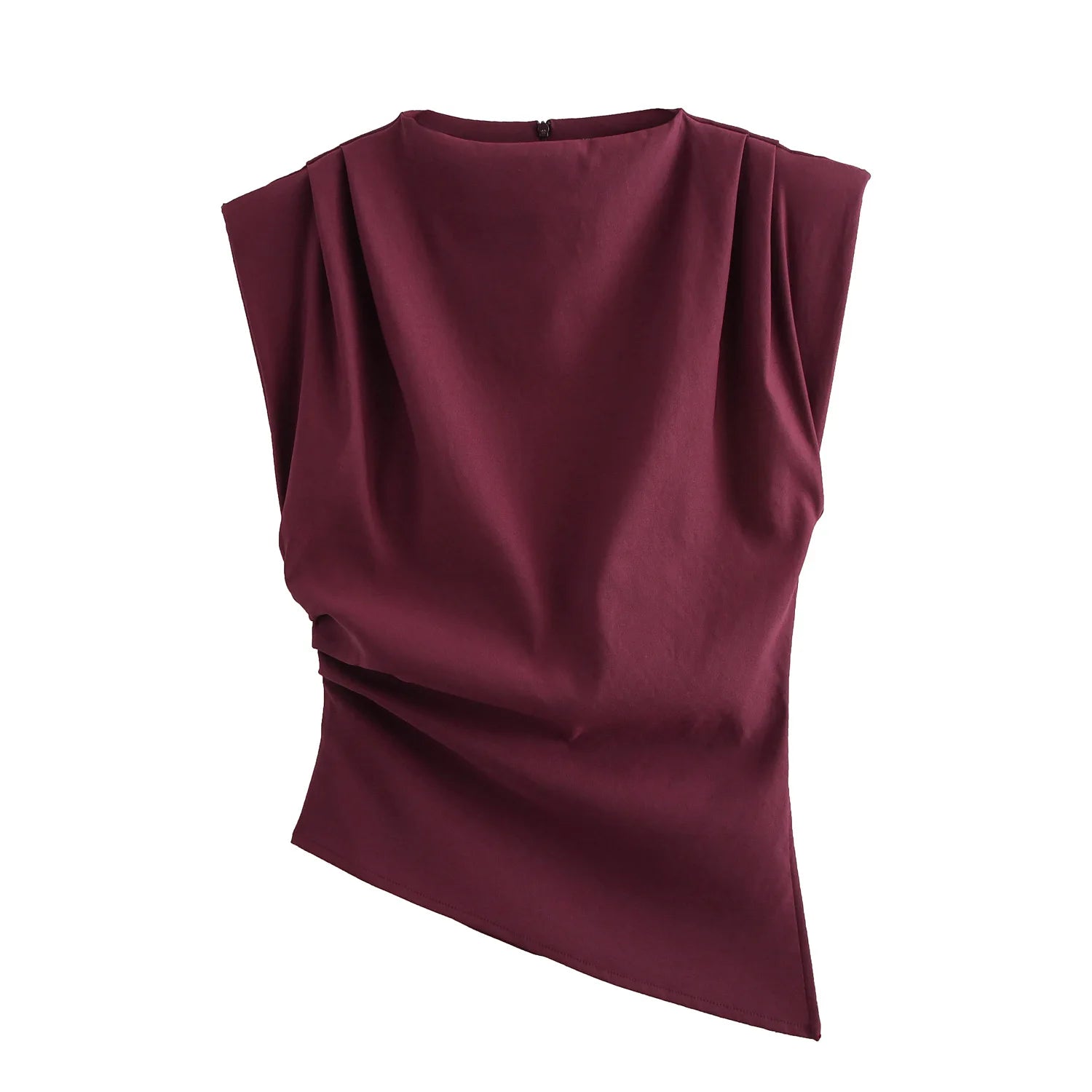 2025 Summer Asymmetric Tank Women Wine Red/Brown/Black Ruched Sleeve Office&Party Tops Breathable Stretchy Slim Fit Streetwear