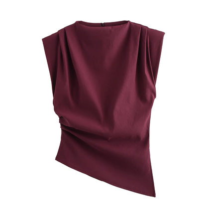 2025 Summer Asymmetric Tank Women Wine Red/Brown/Black Ruched Sleeve Office&Party Tops Breathable Stretchy Slim Fit Streetwear
