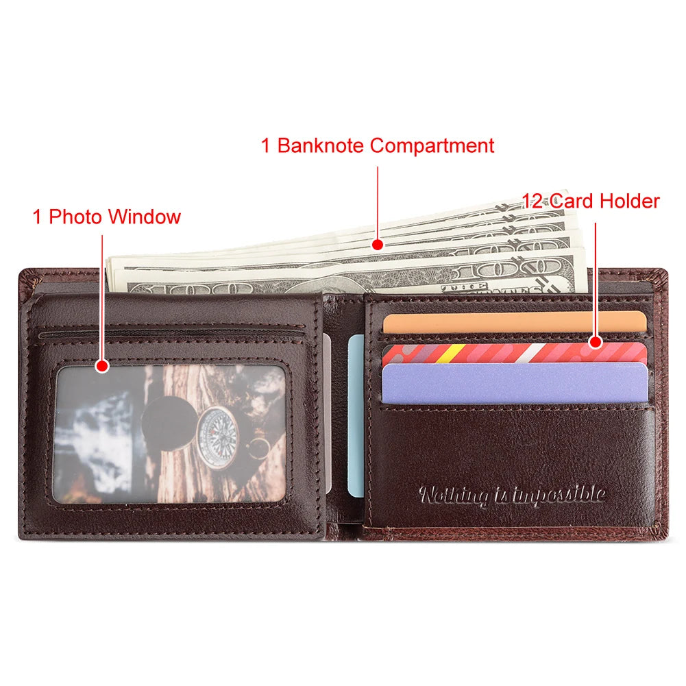 KAVIS Handmade Men's Wallet Genuine Leather RFID Card Holder with ID Window Large Capacity Male Storage Money Bag Fashion