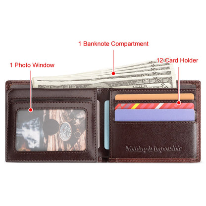 KAVIS Handmade Men's Wallet Genuine Leather RFID Card Holder with ID Window Large Capacity Male Storage Money Bag Fashion