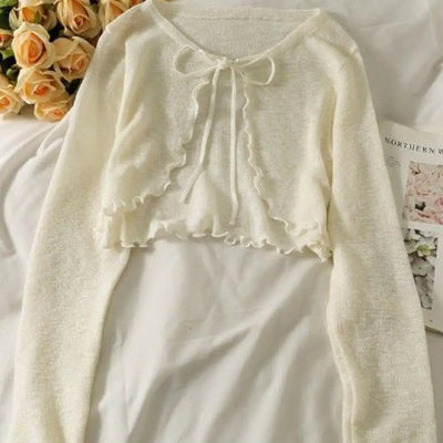 Summer Women Thin Sunscreen Cardigan Lace-up Knitwear Tops Female Korean Style Lantern Sleeve Short Coat Casual Sun Protected - Smarsty