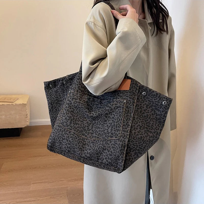Leopard Pattern Tote Bag Vintage Canvas With Large Capacity - Smarsty