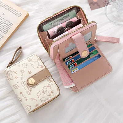 Cute Cat Coin Purse Women Fashion Short Wallet PU Leather Large Capacity Wallet Lightweight ID Card Holder Travel Cash Coin Bag - Smarsty