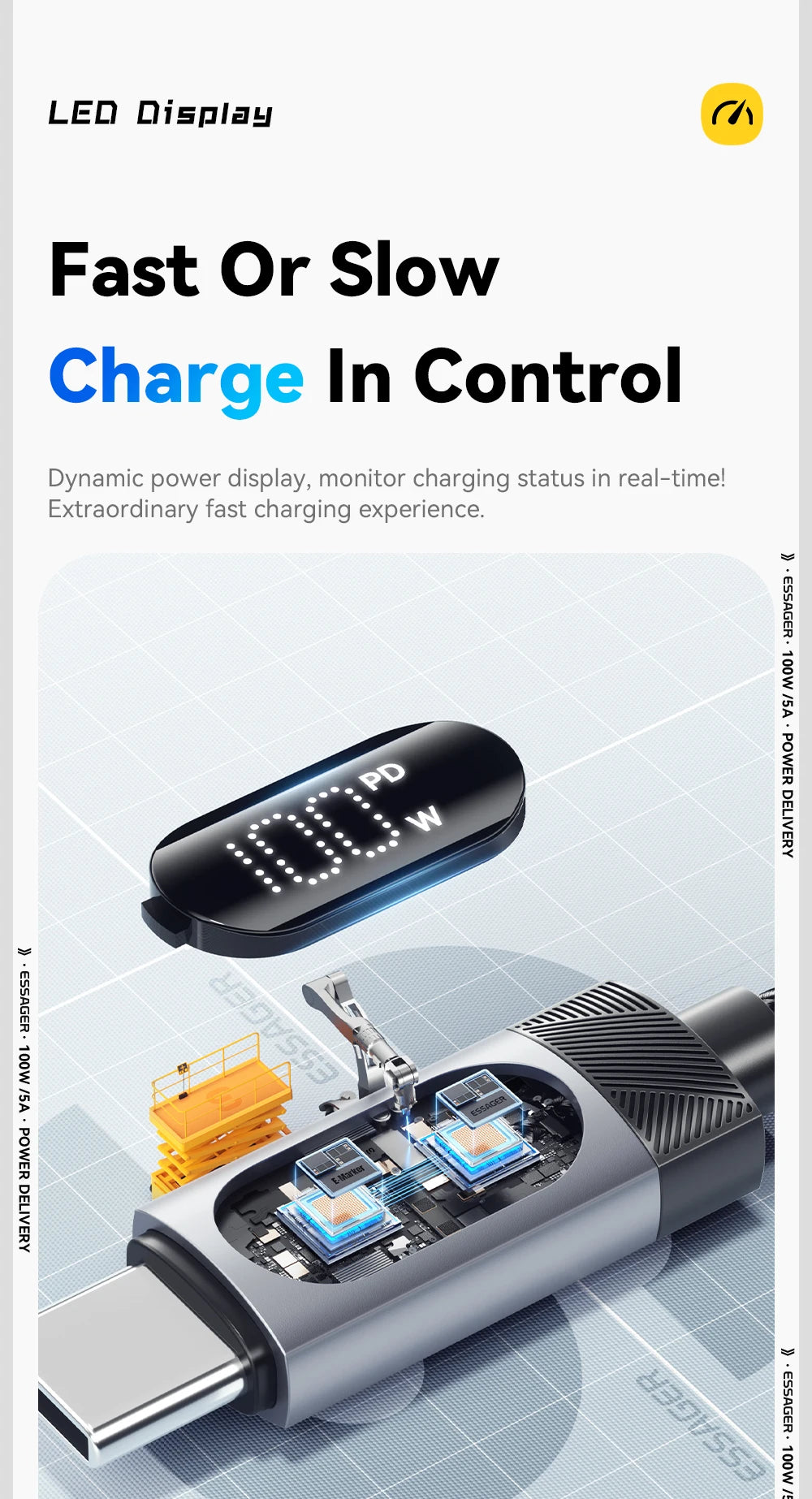 Essager Digital Dispaly USB C Cable For iPhone 17 16 15 Xiaomi Huawei 100W PD Fast Charging For Macbook iPad Type C to C Cable - Smarsty