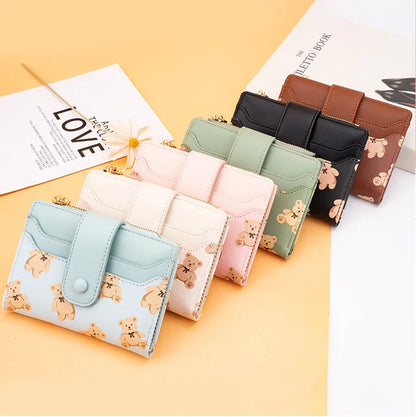 Women Short Wallets PU Leather Female Bifold Purses Cute Bear Card Holder Wallet for Girl Small Zipper Wallet with Coin Purse - Smarsty