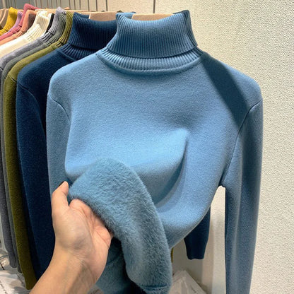 Turtleneck Winter Sweater Women Elegant Thicken Velvet Lined Warm Sueter Knitted Pullover Slim Tops Jersey Knitwear Jumper New - Smarsty