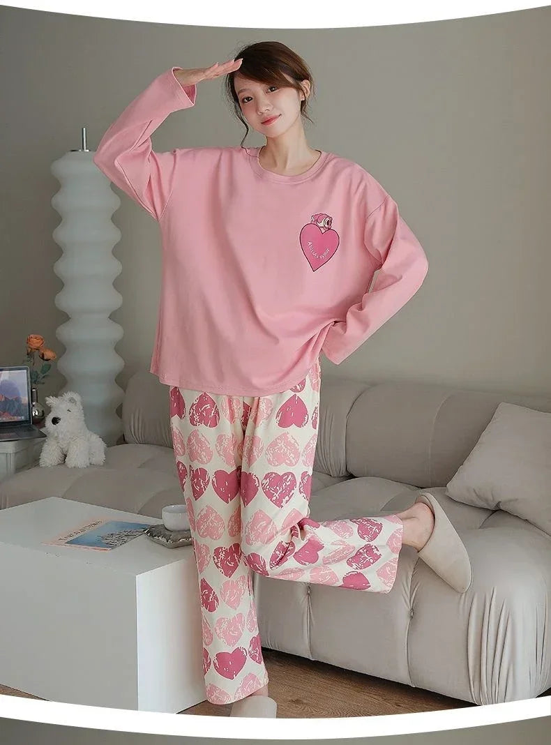 2PCS/Set Women Big Size with Chest Pads Pajamas Spring Autumn and Winter Long-Sleeved Headset Loose Homewear Can Be Worn Outside - Smarsty