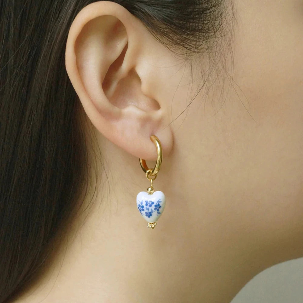 Vintage Blue White Porcelain Teapot Heart Dangle Earrings - Smarsty