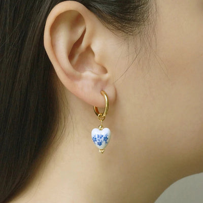 Vintage Blue White Porcelain Teapot Heart Dangle Earrings - Smarsty