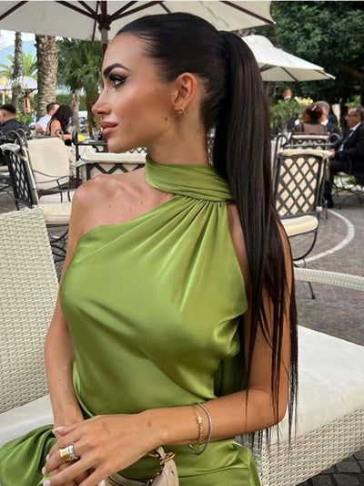 Sexy Satin Ribbon Party Dress Women Elegant Halter Backless Off Shoulder Sleeveless Female Dresses 2024 Summer Solid Robe Gown - Smarsty