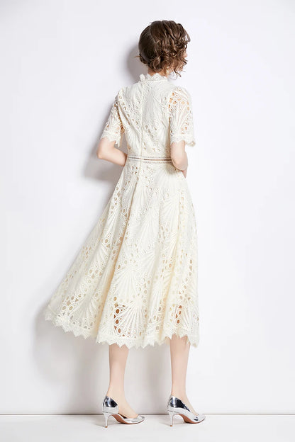 H Han Queen Spring New Elegant Casual Work Party Dresses Floral Crochet Hollow Out Lace Patchwork Casual Office Midi Dress - Smarsty