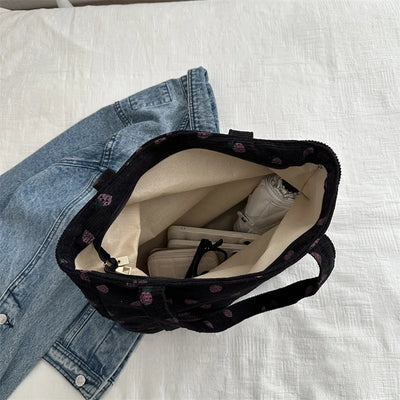 Corduroy Handbag Strawberries Beach Tote Large Capacity - Smarsty