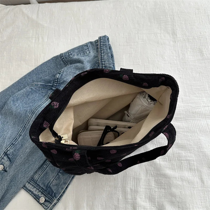 Corduroy Handbag Strawberries Beach Tote Large Capacity - Smarsty