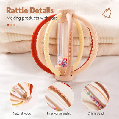 Baby Rattle Toy Wooden Rain Drum With Silicone Baby Sensory Touch Toy Newborn Dental Care Gum Anti-eating Hand Molar Stick Gif by Smarsty