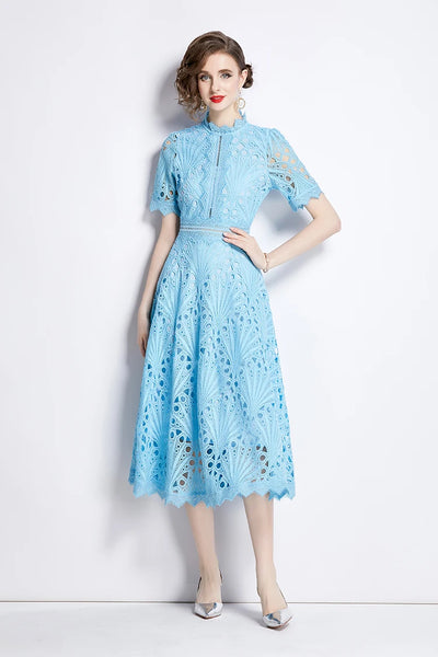 H Han Queen Spring New Elegant Casual Work Party Dresses Floral Crochet Hollow Out Lace Patchwork Casual Office Midi Dress - Smarsty