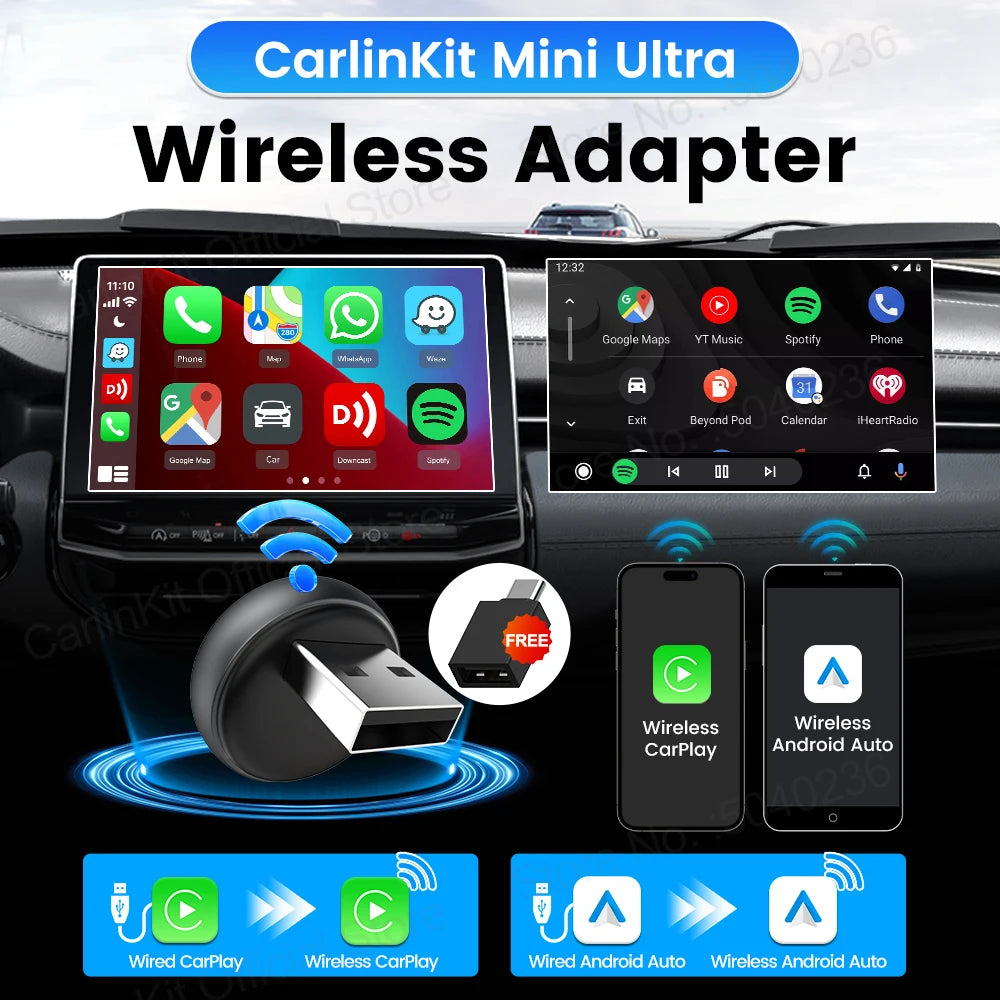 Mini Ultra 3 CarlinKit 5.0 Wireless Adapter Wireless CarPlay Android Auto For OEM Car Plug & Play WiFi Bluetooth Auto Connection