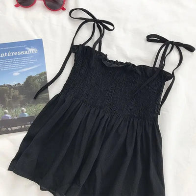Sexy Tank Top Bow Halter Crop Tops Women Summer Folds Camis Backless Camisole Casual Bandage Tee Female Sleeveless Cropped Vest - Smarsty