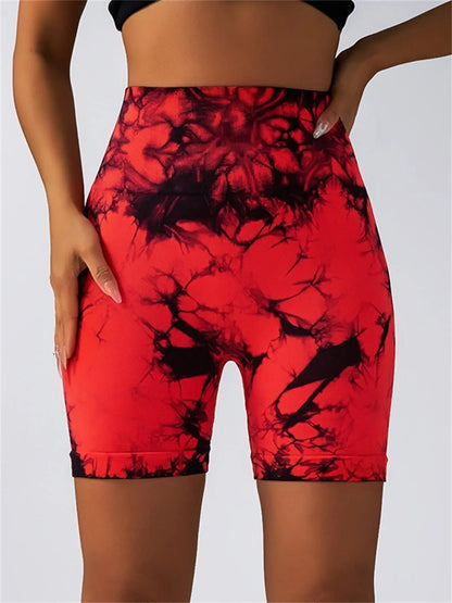 Women's Tie Dye Print Ruched High Waist Sports Shorts, Casual Comfy Breathable Seamless Skinny Shorts for Yoga Gym Workout - Smarsty