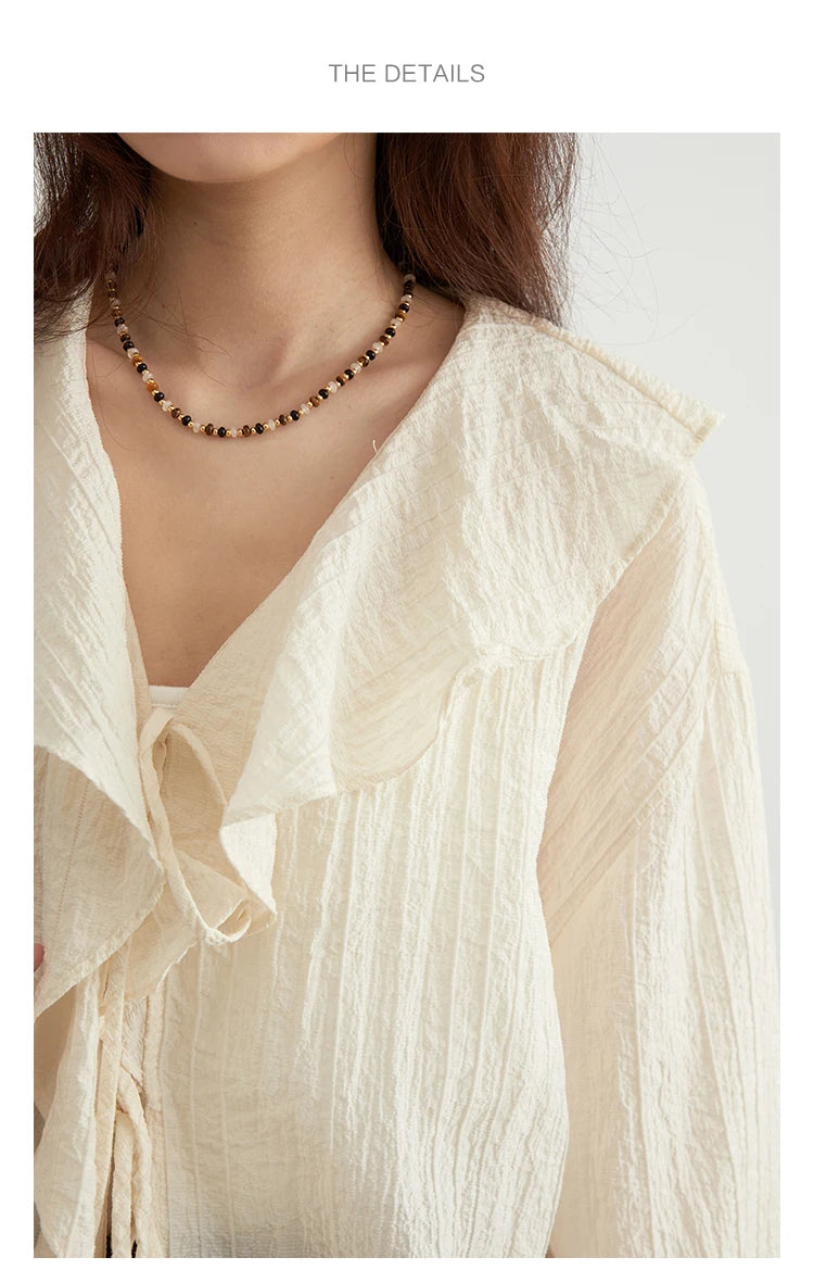 CHIC VEN Women Shirt Loose Casual Ruffled Edges Female Blouses V Neck Lace Up Mid Length Woman Shirts Spring Summer 2024 - Smarsty