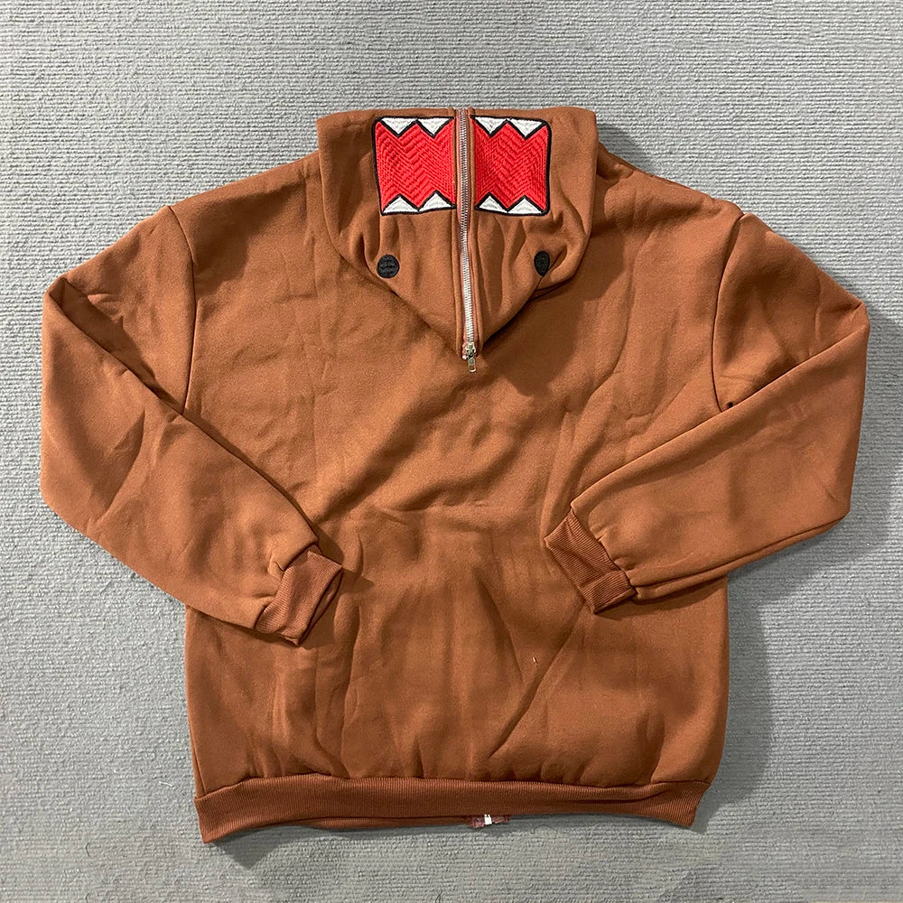 Domo kun Unisex Embroidered Jacket Long Sleeve Zipper Hooded Sweatshirt for Autumn Winter Cardigan