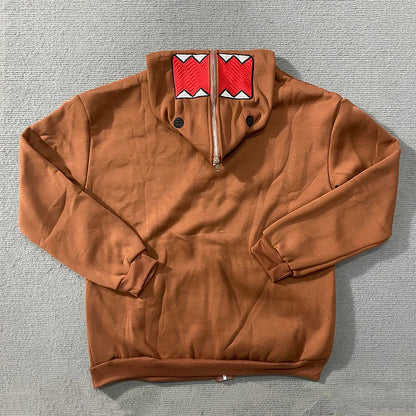 Domo kun Unisex Embroidered Jacket Long Sleeve Zipper Hooded Sweatshirt for Autumn Winter Cardigan