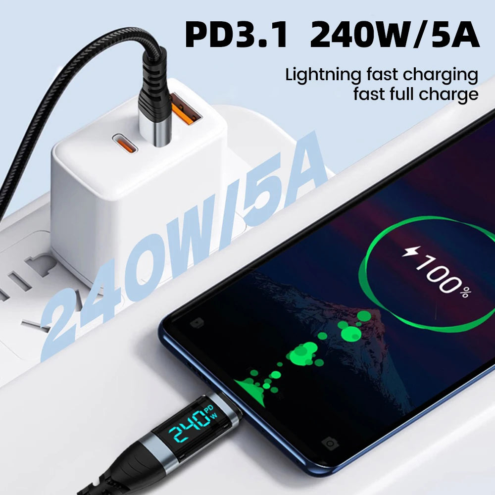 240W Type C to Type C Super Charge Digital Display Cable 0.5m-2m USB C Data Cable For Iphone 15 16 Samsung s24 s23 Huawei Xiaomi - Smarsty