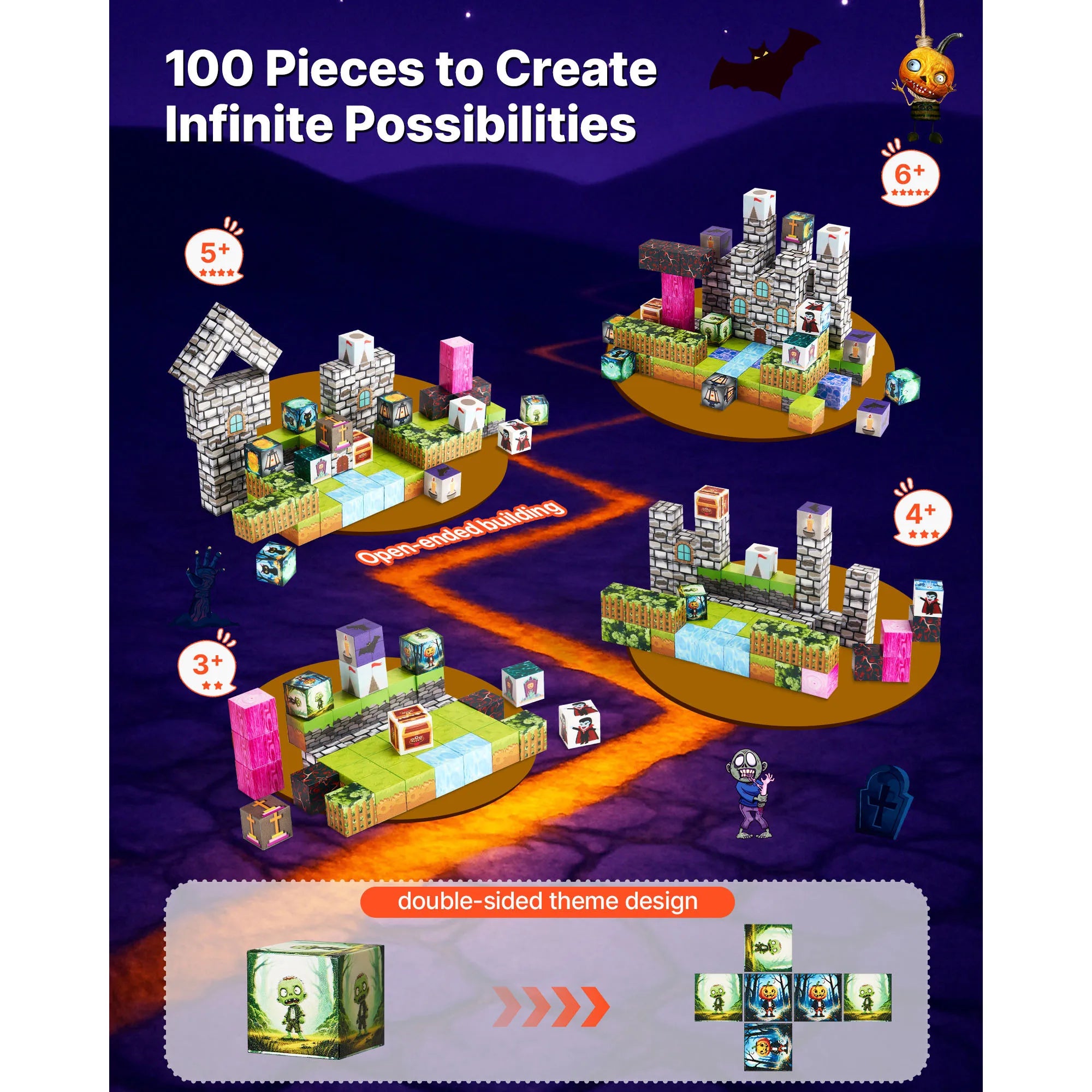 SucceBuy 100PCS Magnetic Blocks Cemetery Zombies Set Magnetic Building Cubes Construction Stacking Toys for Kids Birthday Gift