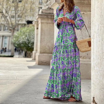 Women's Autumn New Fashionable Printed Sexy V-neck Long Sleeve High Waist Elastic Waist Medium Length Bohemian Dress - Smarsty