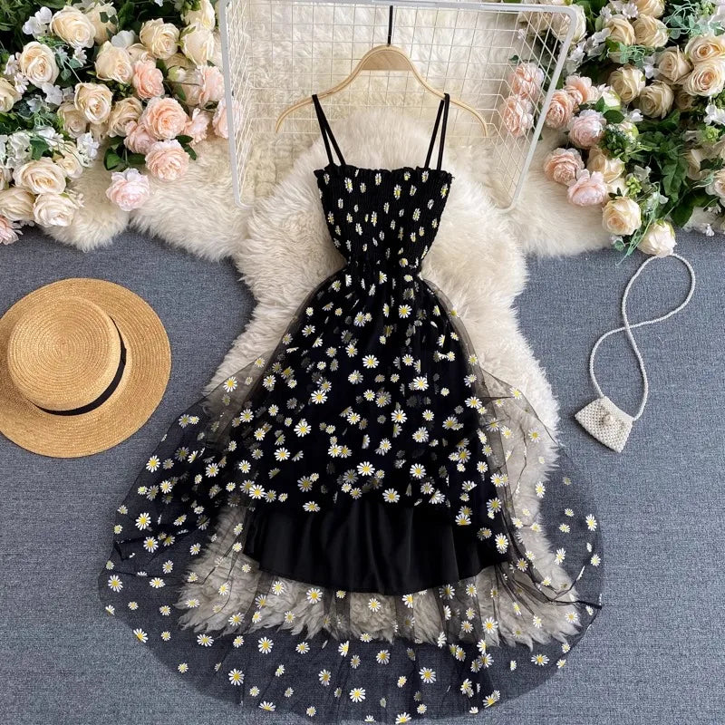 YuooMuoo Women Dress 2025 New Korean Fashion Floral Print Spaghetti Straps Mesh Party Dress Vacation Style Lady Beach Vestidos - Smarsty