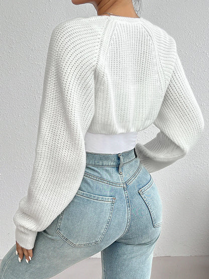 Shrug Raglan Sleeve Open Front Cardigan Elegant Solid Color Ribbed Knitted Cardigan For Spring & Fall Women's Clothing