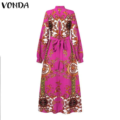 VONDA Maxi Dress 2024 Summer Women Bohemian Printed Party Sundress Long Sleeve Stand Collar Casual Robe Holiday Vestidos Belted - Smarsty