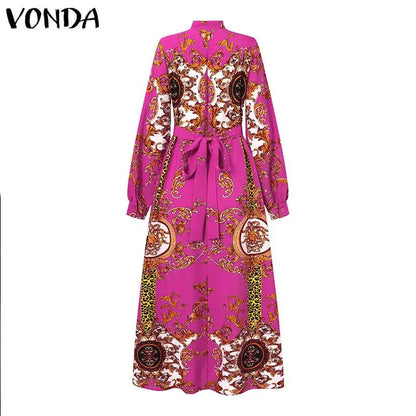 VONDA Maxi Dress 2024 Summer Women Bohemian Printed Party Sundress Long Sleeve Stand Collar Casual Robe Holiday Vestidos Belted - Smarsty