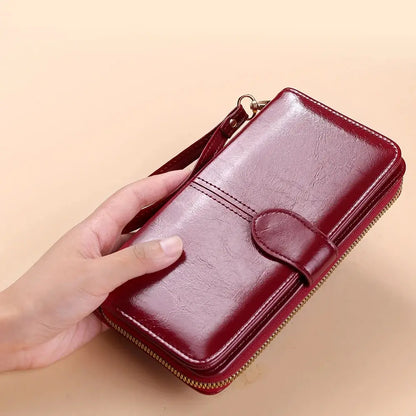 Women's Vintage Oil Wax PU Leather Clutch Wallet Female Large Capacity Phone Purse Ladies Wristband Simple Card Holder Pouch Bag - Smarsty
