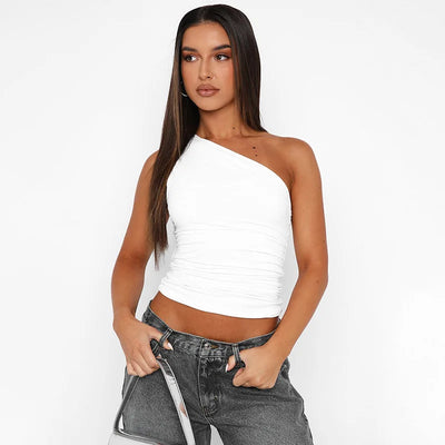 Solid Color One Shoulder Backless Shrink Tank Top T-Shirt Candy Color Tight Sexy Sleeveless Neckless Slim Casaul Top - Smarsty