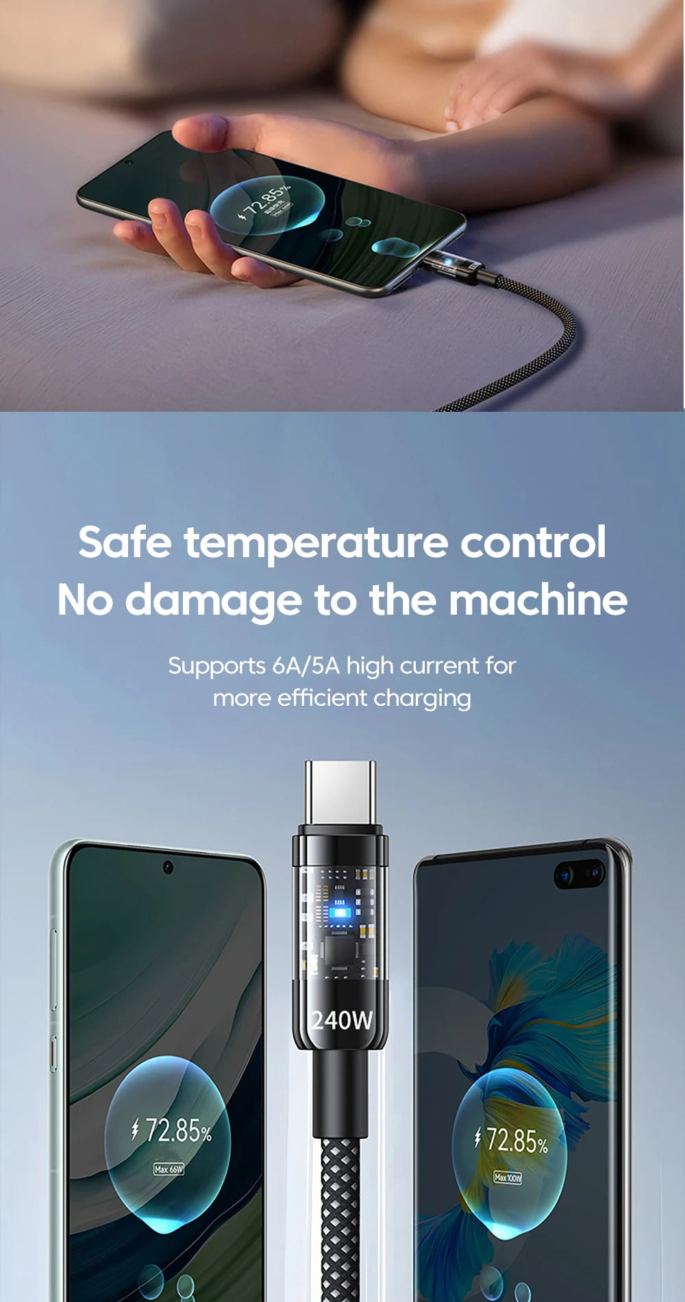 NNBILI USB C Quick Charging Cable 240W Nylon Braided Transparent Type C High-speed Charger Wire for Samsung Huawei Mi Data Line - Smarsty