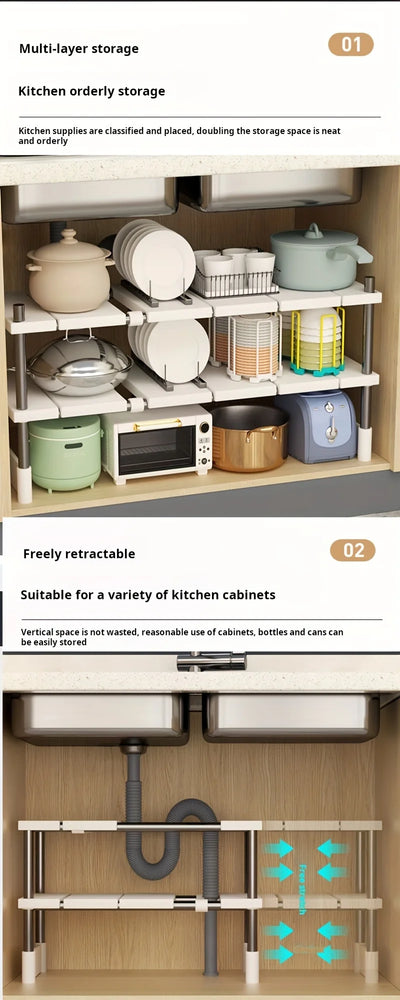 Adjustable Under Sink Storage Rack,Expandable Kitchen & Bathroom Cabinet Organizer, Durable Space-Saving Multi-Layer Pot Holder by Smarsty