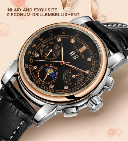 Luxury Women's Automatic Mechanical Wrist Watch with Diamond Moon Phase - Smarsty