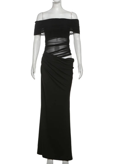 Weird Puss Ruched Irregular Dress Women Mesh Patchwork Slash Neck Short Sleeve Skinny Stretch Trend Elegant Long Bodycon Outfits - Smarsty