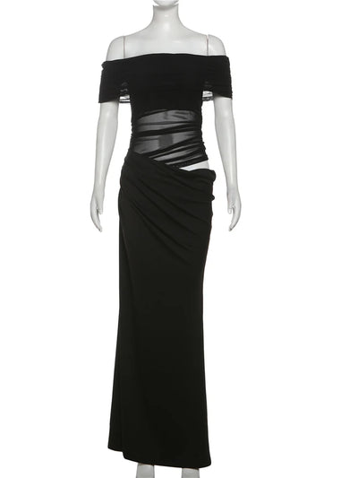 Weird Puss Ruched Irregular Dress Women Mesh Patchwork Slash Neck Short Sleeve Skinny Stretch Trend Elegant Long Bodycon Outfits - Smarsty